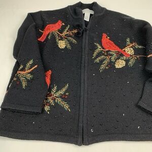 Tiara International Christmas Sweater Cardinals Pinecones Sequins Women's‎ Med